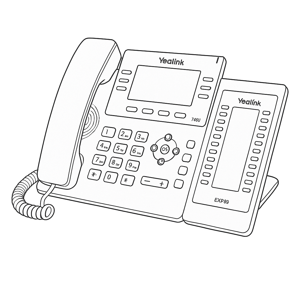 Yealink SIP-T46U+EXP43 line drawing cc Atcom A20W phone and Groundwire App